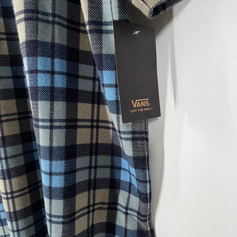 Vans Bellmoor Plaid Polo Shirt Men Large Blue Navy Tan Loose Fit VN000KUNE88 NWT